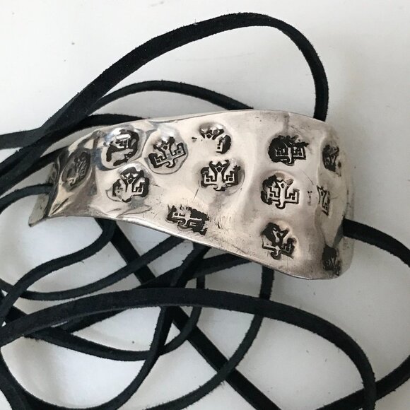 PHoenix Eagle Antique Sterling Silver Tie Wrap 925 Leather Cuff Bracelet Boho - Picture 2 of 11